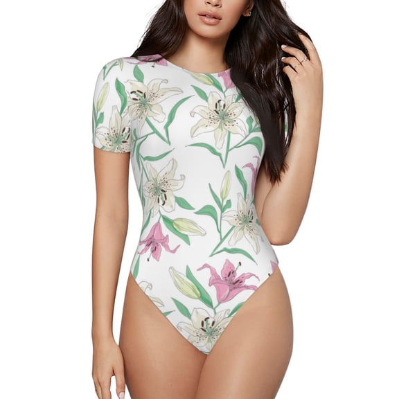 Naloa Lilies Flowers Women's Short-Sleeved Onesie, One-Piece Swimsuit for Parties, dates, clubs - Small