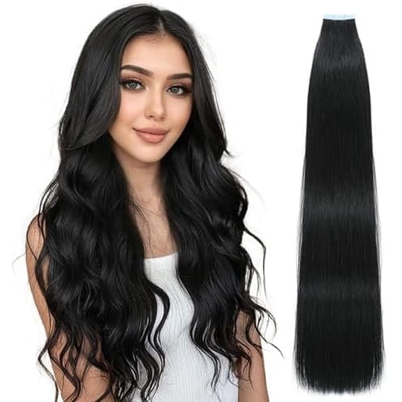 Tape in Hair Extensions Human Hair, 16 Inch Jet Black Remy Human Hair for Women Weft 20 count 50g/pack Invisible Tape in Hair Extensions (#1, 16 Inch)