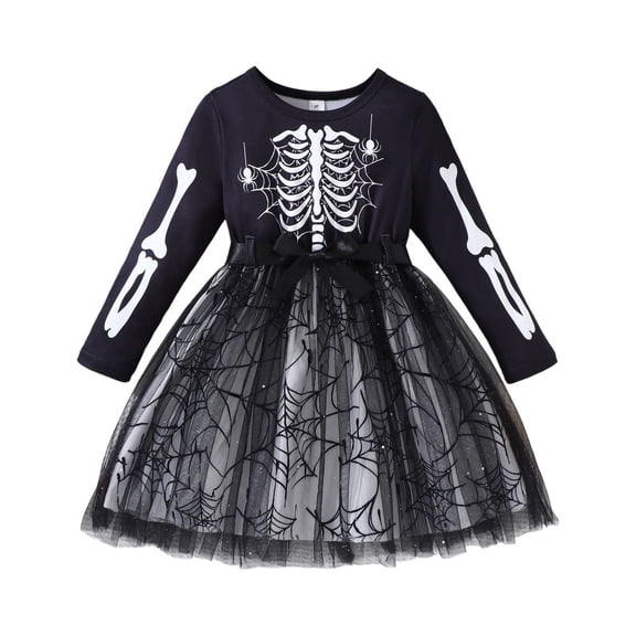 WERYOUNG Halloween Girls Dresses Skeleton Print Long Sleeves Crewneck Mesh Party Dresses For Girls Kids Breathable Sundress 3-4 Years