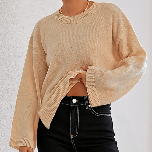 Suéter de cuello redondo para mujer, cómodo y de ocio, color liso, cuello redondo, manga larga, camiseta de cuello redondo, suéter de acrílico para mujer