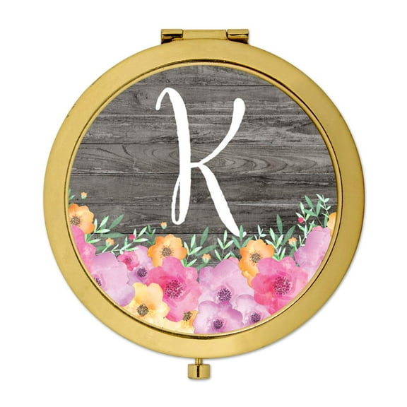 Koyal Wholesale Gold Compact Mirror Bridesmaid's Wedding Gift, Pink Floral Flowers on Rustic Gray Wood, Monogram K, 1-Pk