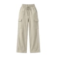 thumbnail image 3 of Womens High Waisted Wide Leg Cargo Sweatpants Baggy Y2K Striped Fleece Pants Elastic Waist Drawstring with Flap Pockets Streetwear Outfits, Beige, M, 3 of 5
