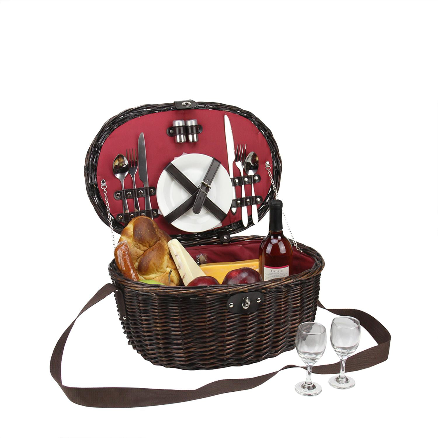 Northlight 2-Person Hand Woven Red Sateen Chocolate Brown Willow Picnic Basket Set with Accessories 