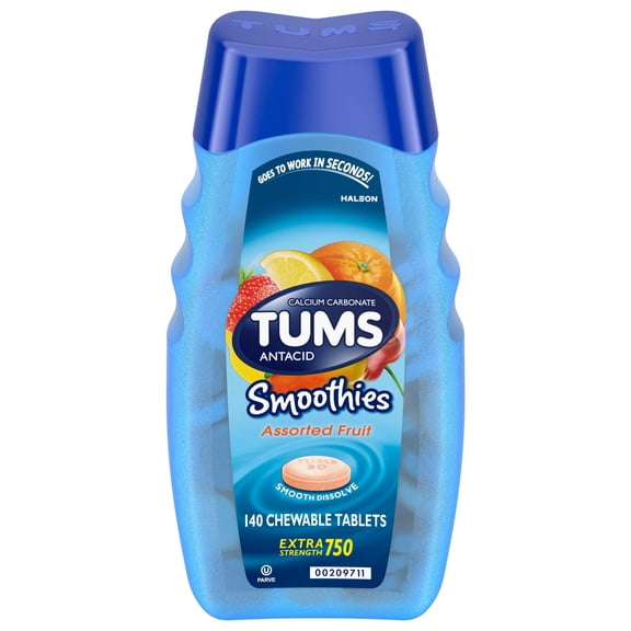 (2 Pack) Tums smoothies assorted fruit extra strength antacid chewable tablets for heartburn relief, 140 tabl