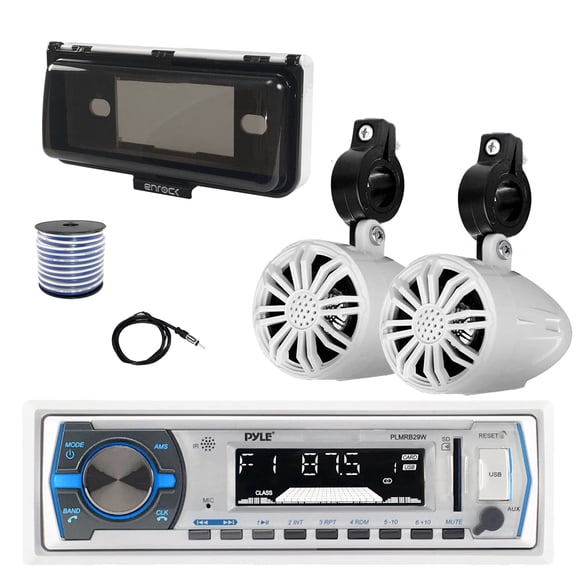Pyle PLMRB29W Single DIN Bluetooth Marine MP3 AM/FM Stereo Receiver with White Cover, 22" Radio Antenna, Wire, 2x 2.25" 10W Max Full Range Waterproof Off-Road Audio Speakers (White)