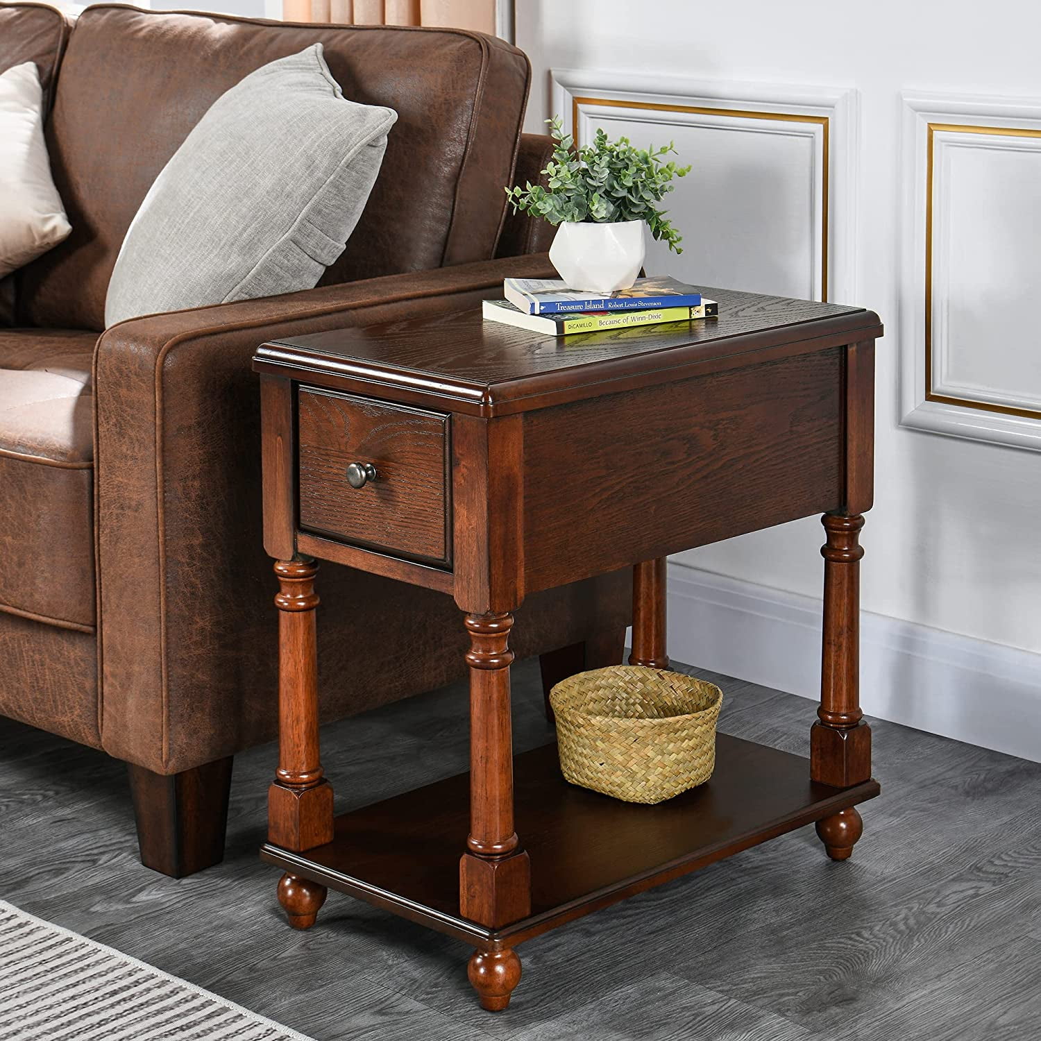 Narrow Open End Table with Drawer, Solid Wood Side Table 2Tier Skinny