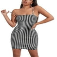 thumbnail image 4 of Women Plaid Mini Cami Bodycon Spaghetti Strap Split Dress, 4 of 6