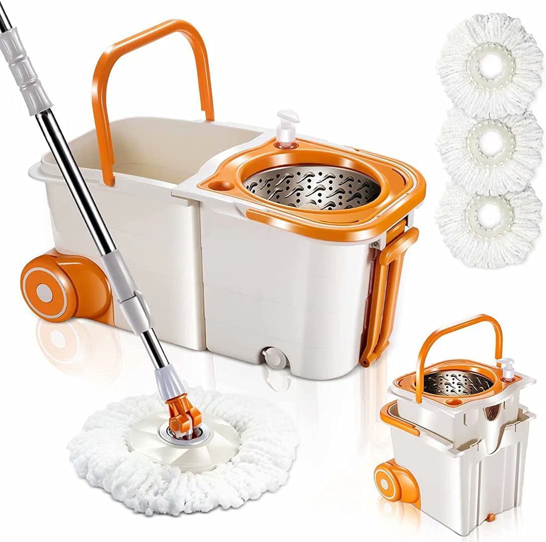 360°Spinning Rotating Mop Bucket Wringer Set Microfiber Cleaning Heads 