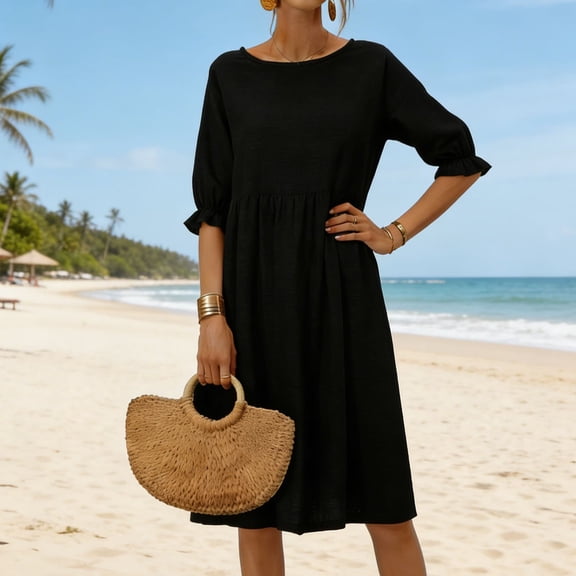 BLTIBY Cotton Linen Midi Dress for Women Summer Short Sleeve Flowy Round Neck Ruffle Hem Dresses Vacation Loose Casual Beach Dress Black XXL