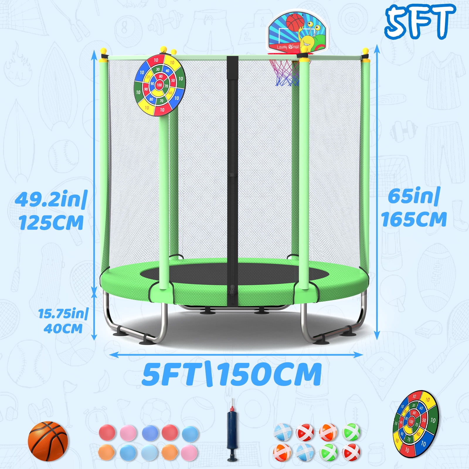 ACWARM HOME 5FT Toddler Trampoline For Kids 60" Mini Size Indoor&Outdoor With Safety Net Gift for Boys & Girls 440Lbs,Green