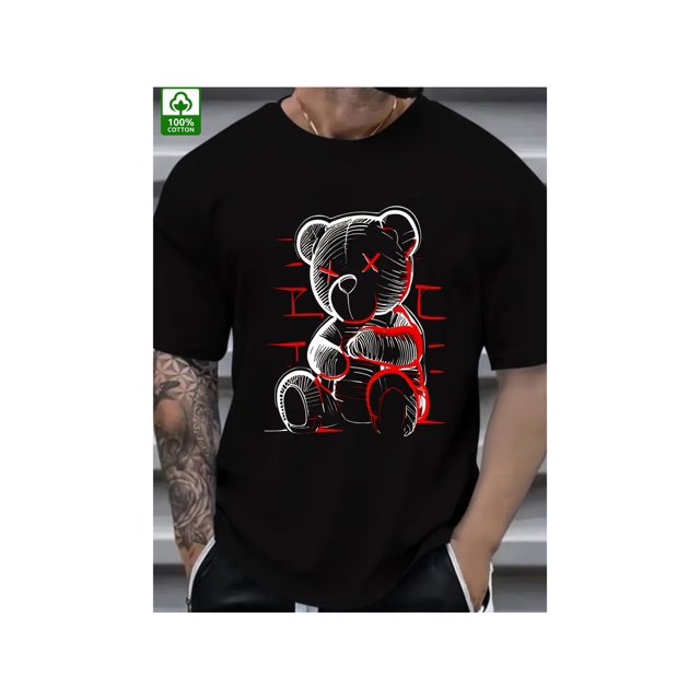 Men's Summer Cotton T-Shirt with Devil Bear Graphic Print - Casual Crew Neck, Short Sleeve, 100% Cotton, Machine Washable, Casual attire