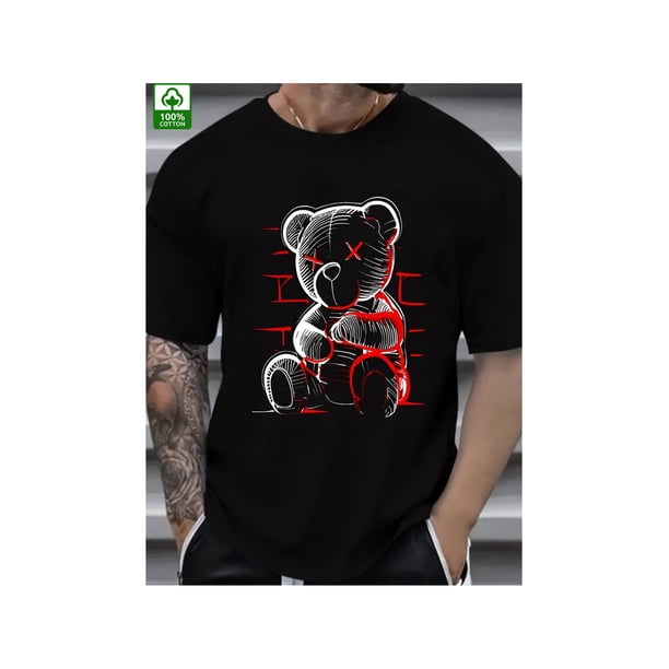 Men's Summer Cotton T-Shirt with Devil Bear Graphic Print - Casual Crew Neck, Short Sleeve, 100% Cotton, Machine Washable, Casual attire