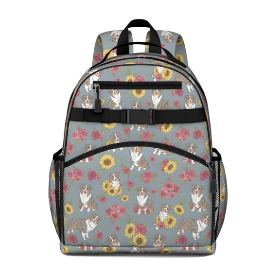 Australian Shepherd and Floral Cute School Backpack Bag for School with Padded Back and Adjustable Shoulder Straps 15.25"x11.5"x5.25"