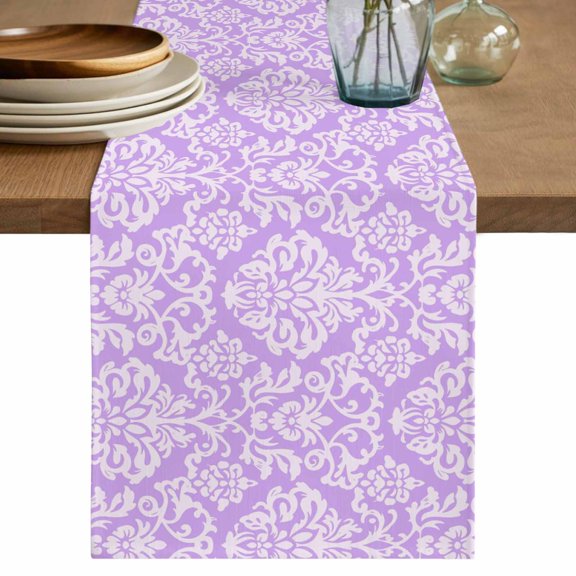 Purple Boho Flowers Table Runner 36 Inches, Vintage Ethnic Flowers Botanical Bed Runner Dresser Scarves Tabletop for Indoor Outdoor Parties/Ceremony/Banquet, 13"x 36"