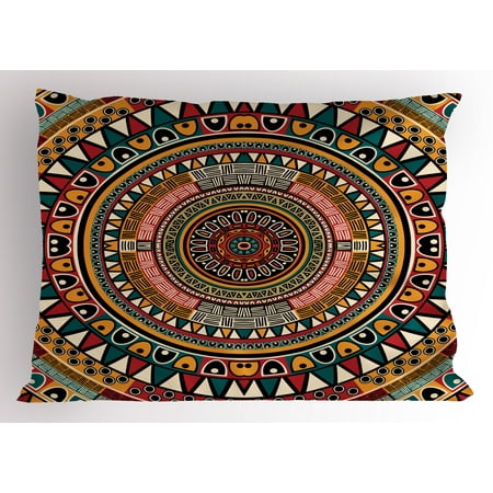 Rare African Ruby - Tribal Pillow Sham African Folkloric Tribe Round Pattern with Ethnic Colors Aztec Artwork, Decorative Standard Queen Size Printed Pillowcase, 30 X 20 Inches, Jade Ruby and Mustard, by Ambesonne