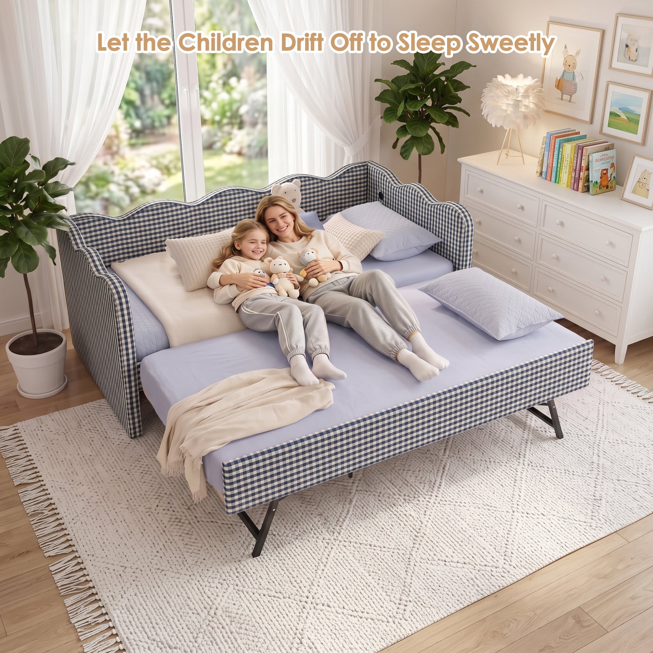 avobird Cozy Gingham Daybed with Trundle Full Size Sofa Bed for Living Room, Sleeper Sofa with USB Port and Adorable Wave Shaped, Linen Fabric, Navy Blue