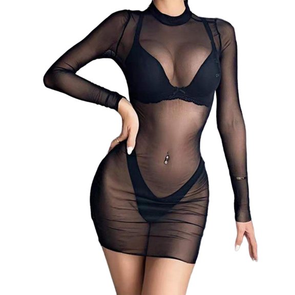 Ladies Sheer Beach Coverup Dress with Long Sleeve Women See Through Sheer Swimsuit Coverup Dress for Beach Parties