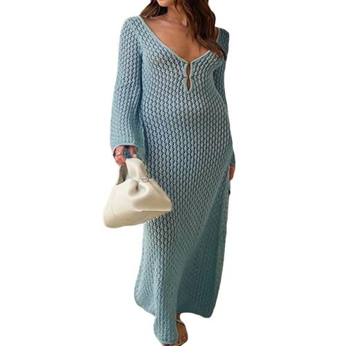 Douhoow Women See Through Knit Dress Long Sleeve Crochet Bodycon Long Dress  Backless Beach Cover Up - Walmart.com