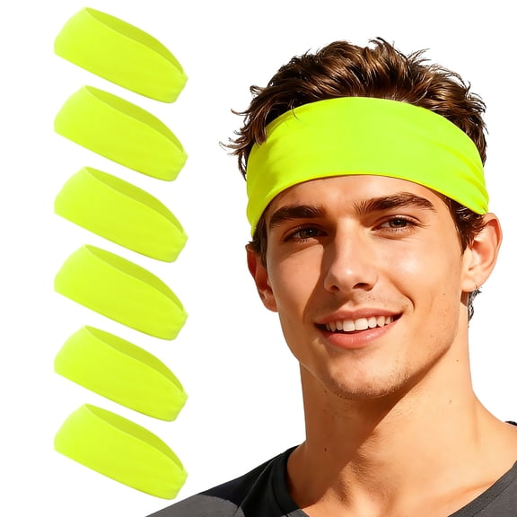 Uxcell Sport Headbands for Men, Workout Headbands Stretchy Sweatband Absorbent Head Bands 6 Pcs & Fluorescent Yellow - Fitting For(Men Women/Yoga/Sports/Running/Fitness/Cycling)