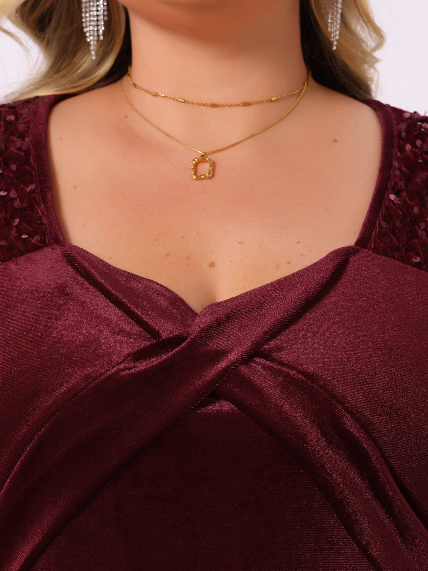 DARING DIVA Plus Size Velvet V Neck Sequin Sleeve High Low Hem Dress 1X Burgundy