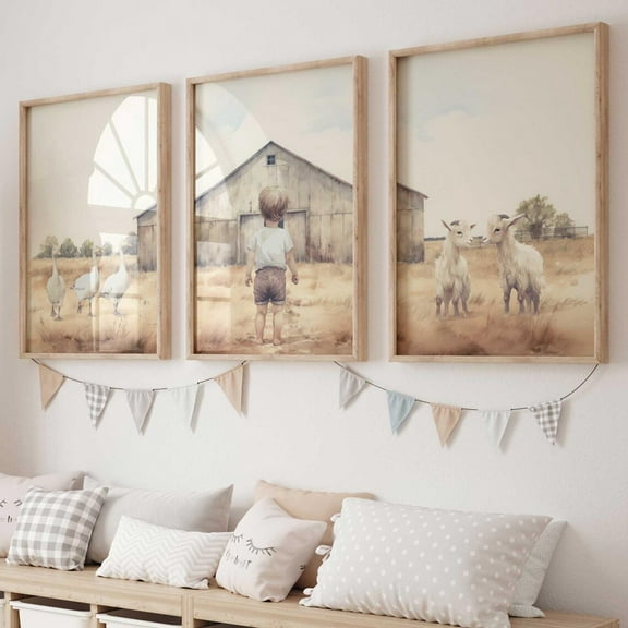 Luvia Farm Nursery Decor Set Of 3, Goats & Geese Farmhouse Nursery, Farm Animals, Boy Room, Countrysidetyle, Boy, Modern Wall Decor Set 3 Prints 8x12 UNFRAMED