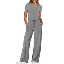 Diufon Womens Plus Size Rompers Lace-Up Waist Bodysuits Round Neck Short Sleeve Playsuits with Pockets