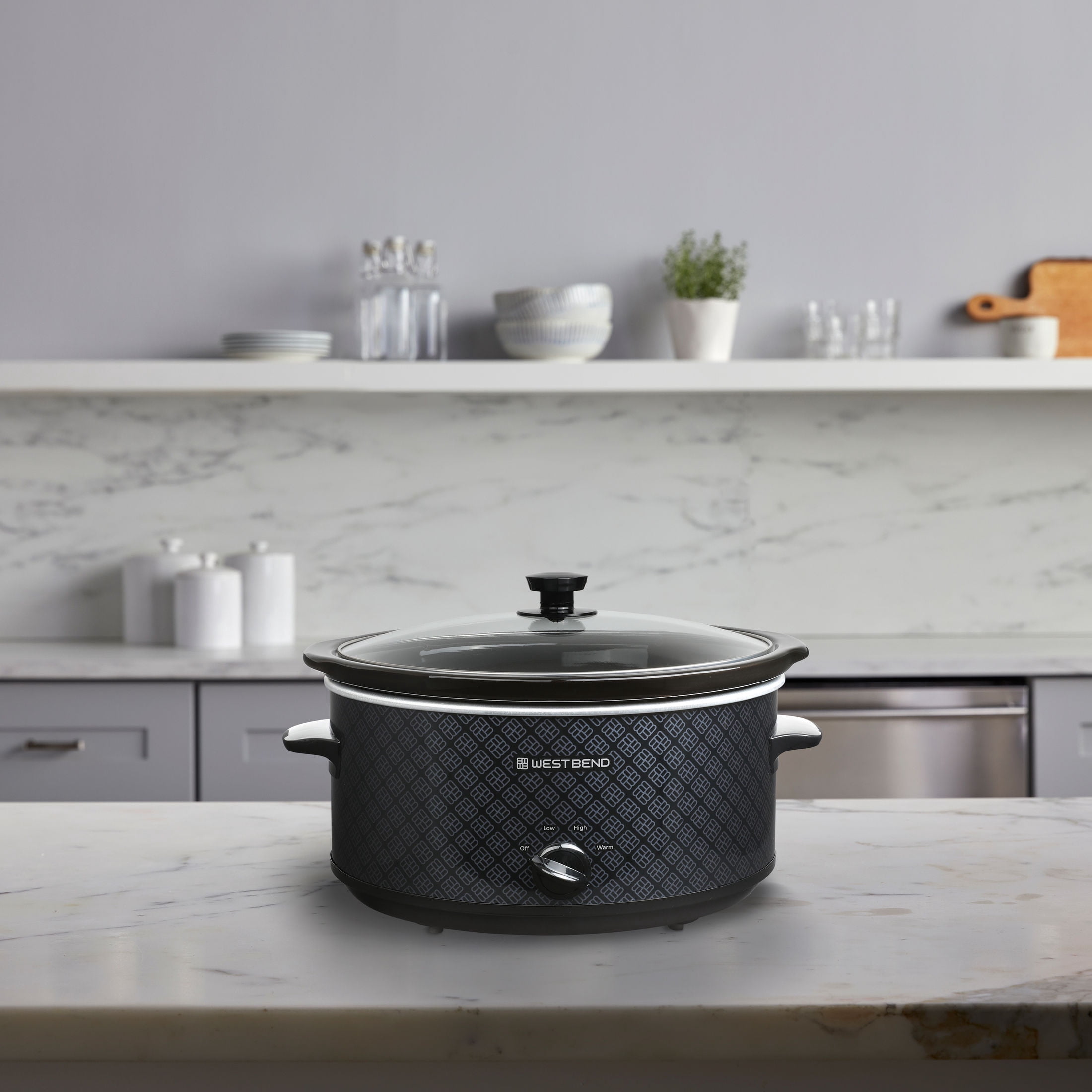 West Bend 6-Quart Pattern Slow Cooker, Manual Controls, Ceramic Crock, Dishwasher-Safe, in Black (SCWB6QPTBK13)