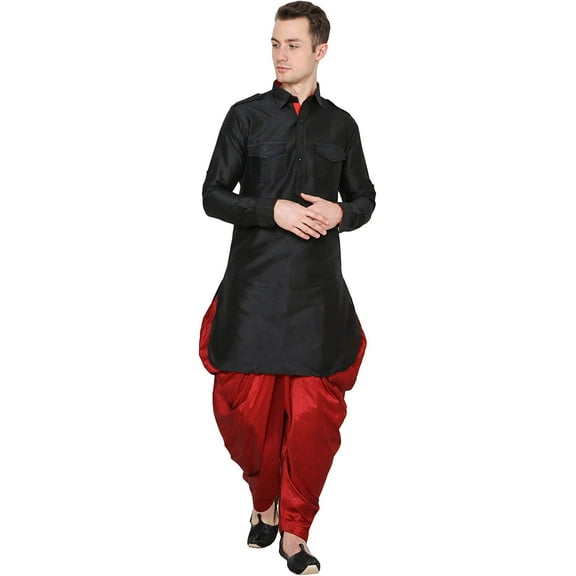 Royal Kurta Men's Polyester Pathani Kurta Salwar Set (38, Black-Maroon.Pathani)