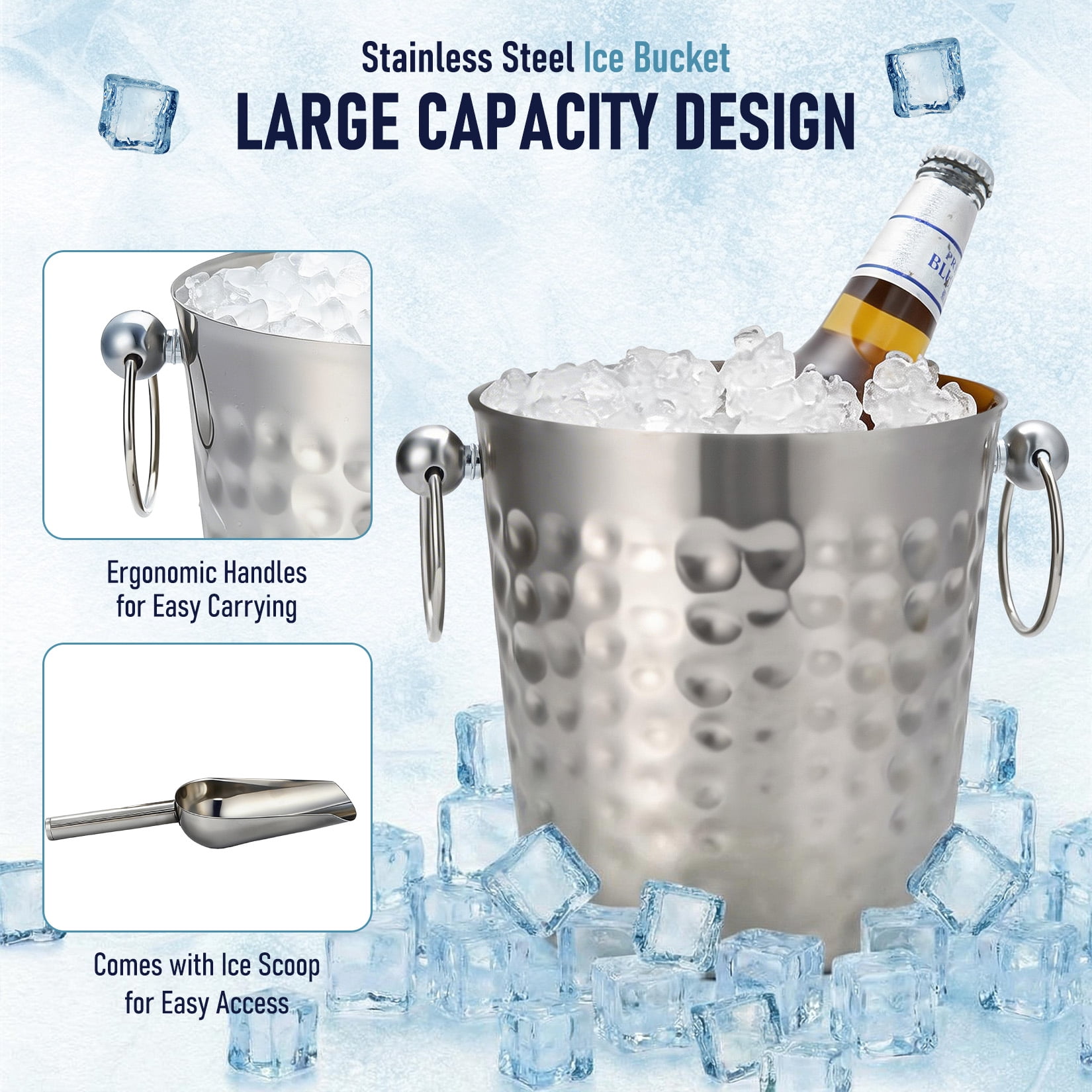 102oz Hammered Stainless Steel Ice Bucket with Scoop, Double Handle Metal Wine & Champagne Chiller, Non-Slip Beverage Cooler for Bar, Party & Home (7.5" x 7.5" x 7.3")