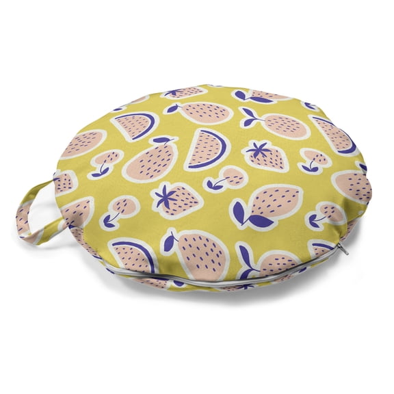 Fruits Round Floor Cushion with Handle, Fresh Summer Eats Watermelon Slice Strawberry Pear Cherry Graphic, Pillow for Living Room & Dorms, 18" Round, Mustard Peach and Blue Violet, by Ambesonne