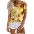 thumbnail image 5 of UoCefik Womens Cold Shoulder Tops Short Sleeve Dressy Casual Shirts Summer Fashion V Neck Basic Tees Sunflower Print Blouses Yellow M, 5 of 6