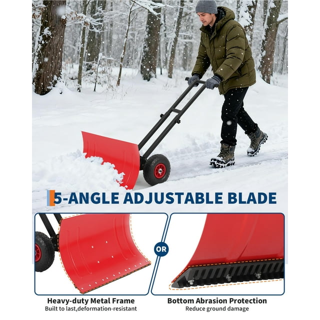 Kojooin Pelle à Neige Robuste avec Roues, Pousse-Neige à Double Poignée avec Angle et Hauteur Réglables