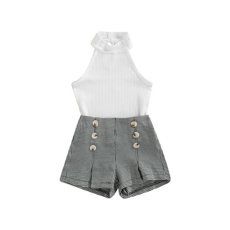 

LWXQWDS Baby Girl Knitted Ribbed Sleeveless Turtleneck Tank Top PU Leather Shorts Pants