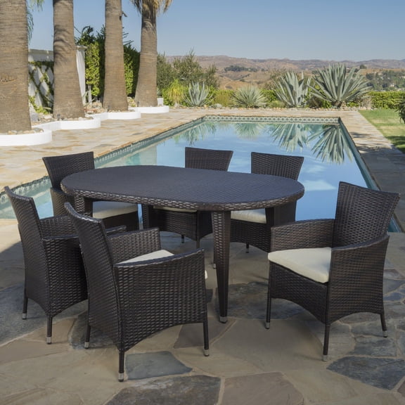 Victor Outdoor 7 Piece Wicker Oval Dining Set with Cushions, Multibrown, Beige