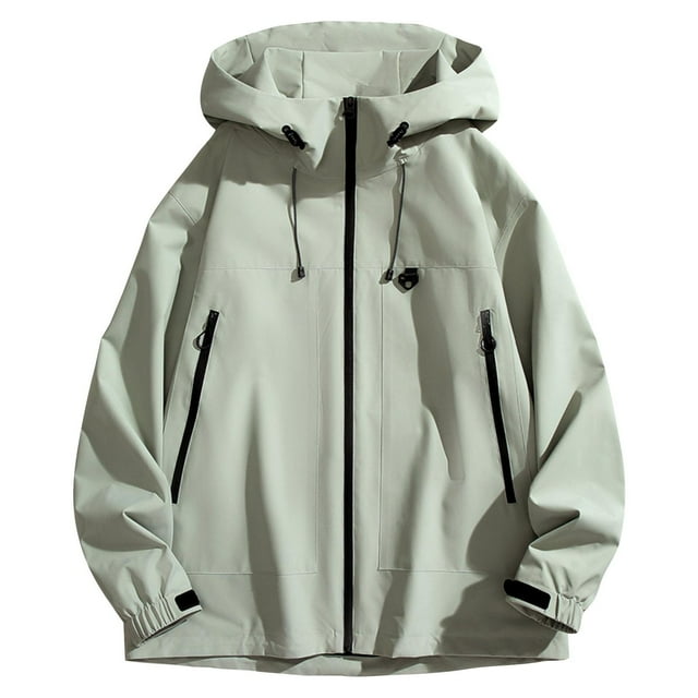 WRKEKC Men's Storm Jacket Windproof Waterproof Hooded Alpine Mountaineering Coat with Long Sleeves for All-Weather Outdoor Protection in Solid Color Army Green XL