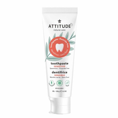Attitude Fluoride-Free Toothpaste, Plant- And Mineral-Based Ingredients, Vegan, Cruelty-Free And Sugar-Free, Sensitive, Peppermint, 4.2 Oz.