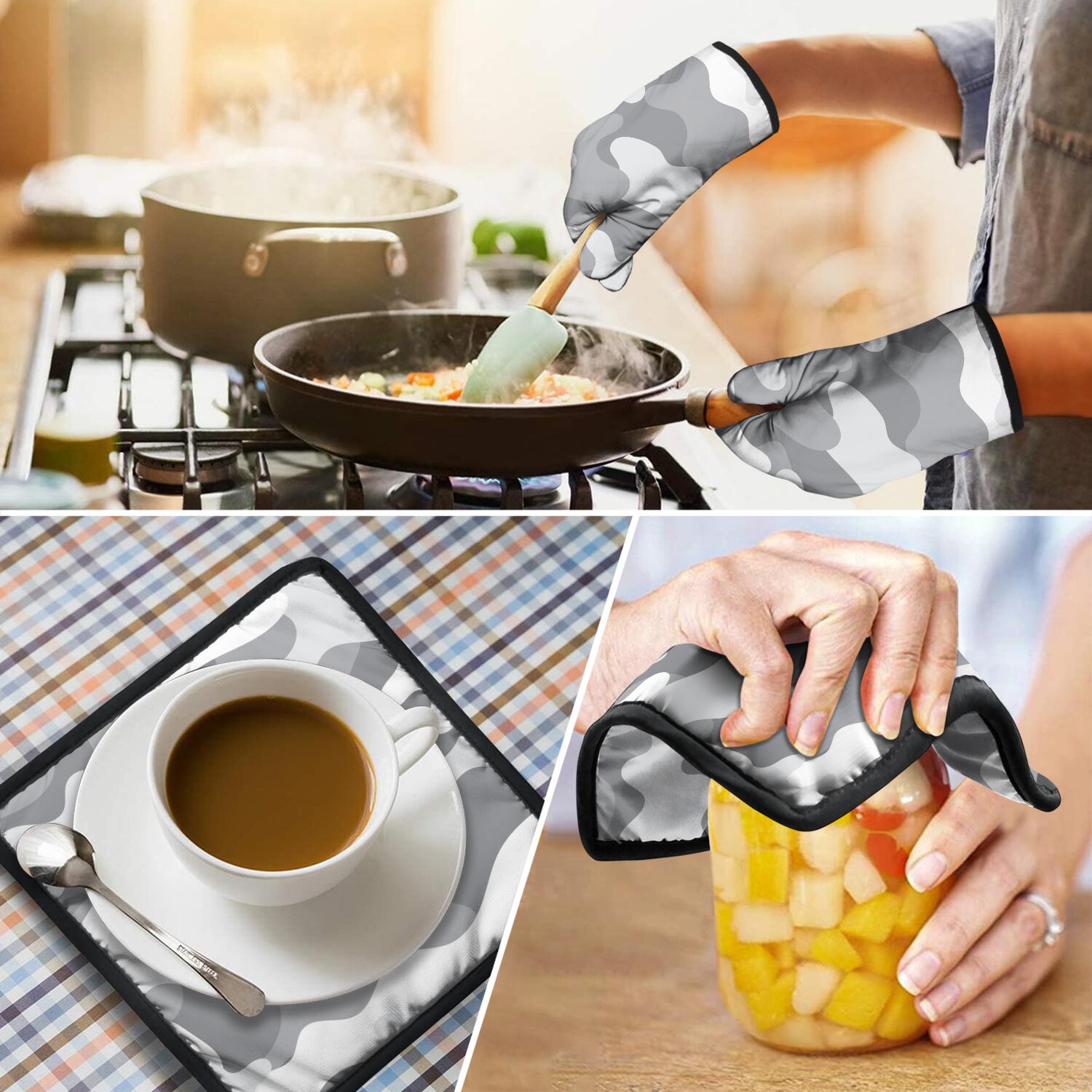 Camouflage Oven Mitts and Pot Holders Set Of 4, Heat Resistant Kitchen Gloves with Non-Slip Grip, Hanging Loop, Soft Cotton Lining for Baking, Cooking, Grilling, Barbecue