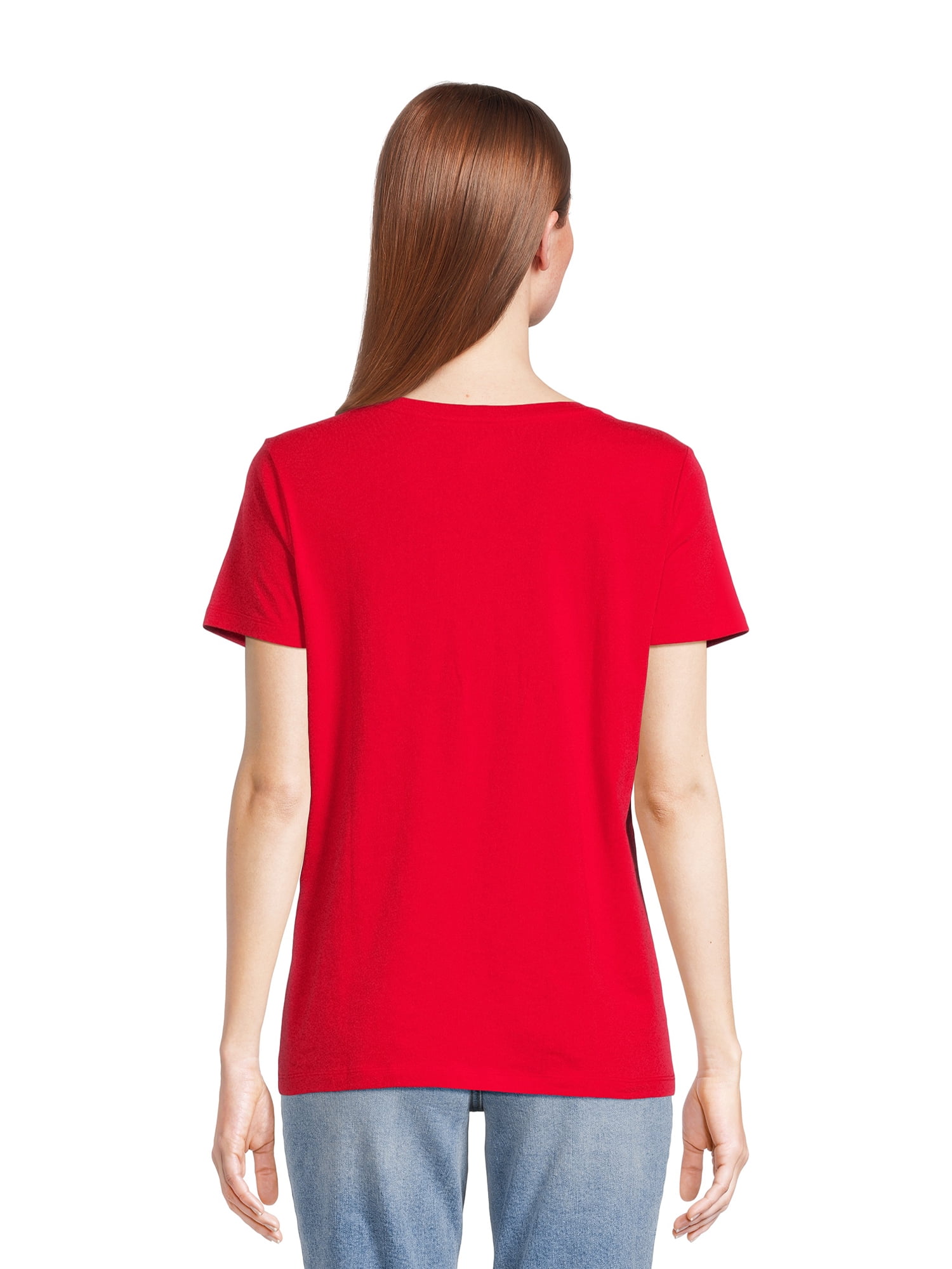 Time and Tru Women's Cotton V-Neck Tee with Short Sleeves, Sizes XS-4X