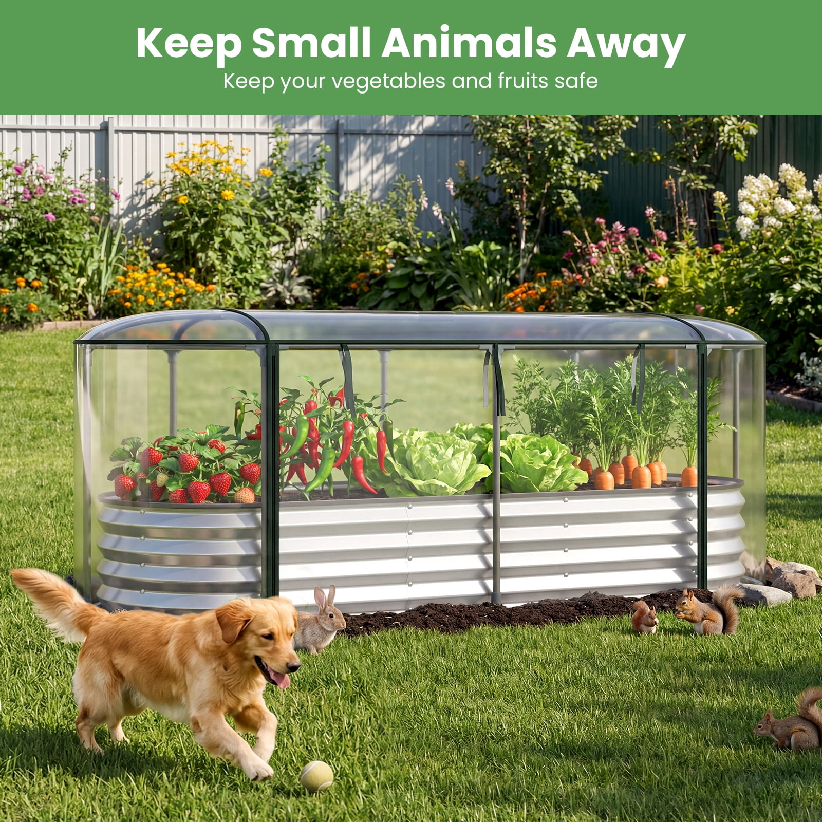 Costway 6 x 2 x 1 FT Color Steel Raised Garden Bed with Greenhouse Cover, Roll-up Window Silver+Transparent