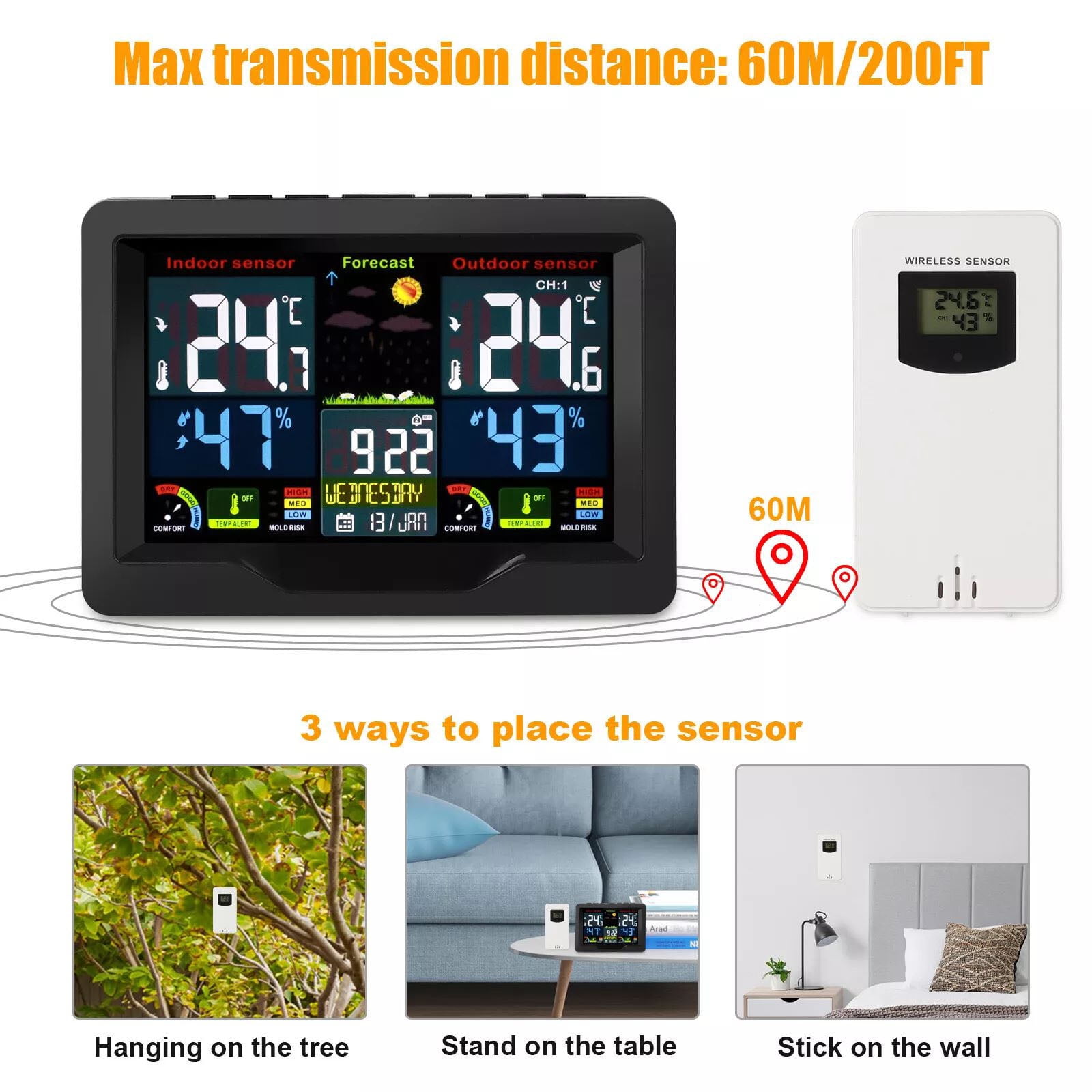 APPLAYERR Weather Station Clock Wireless Indoor Outdoor Thermometer Hygrometer Forecast Dual Alarm LCD RF Mold Risk