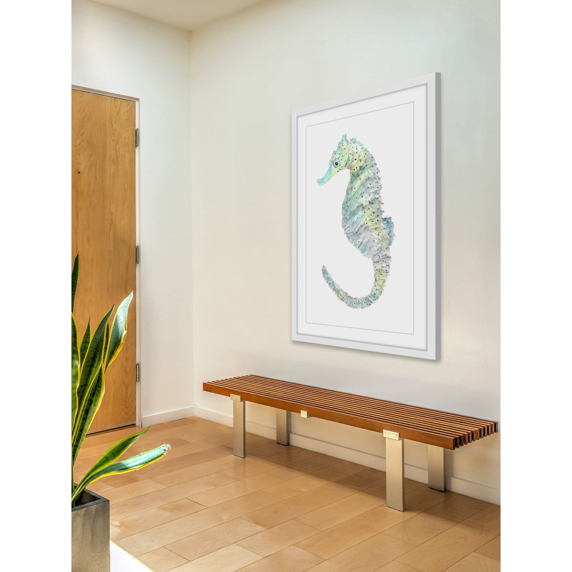 Marmont Hill "Teal Seahorse" by Thimble Sparrow Framed Painting Print