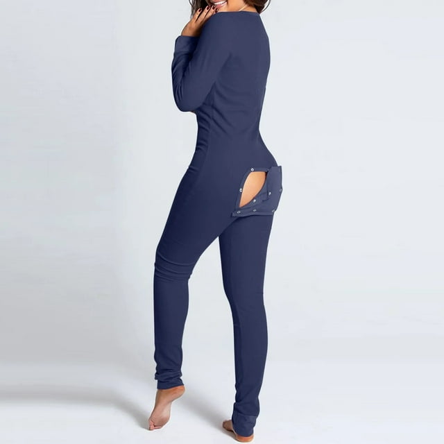 Pijama Sexy para mujer, mono de Año Nuevo con botones, parte delantera y trasera, culo abierto, solapa, ropa de dormir sólida, ropa de estar por casa