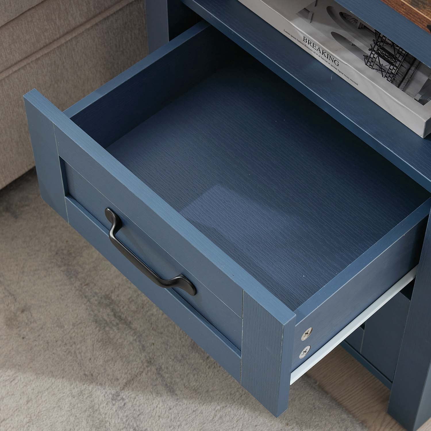 Nightstand with Charging Station,Side Table with 2 Drawers Storage Cabinet for Bedroom, Living Room, Blue