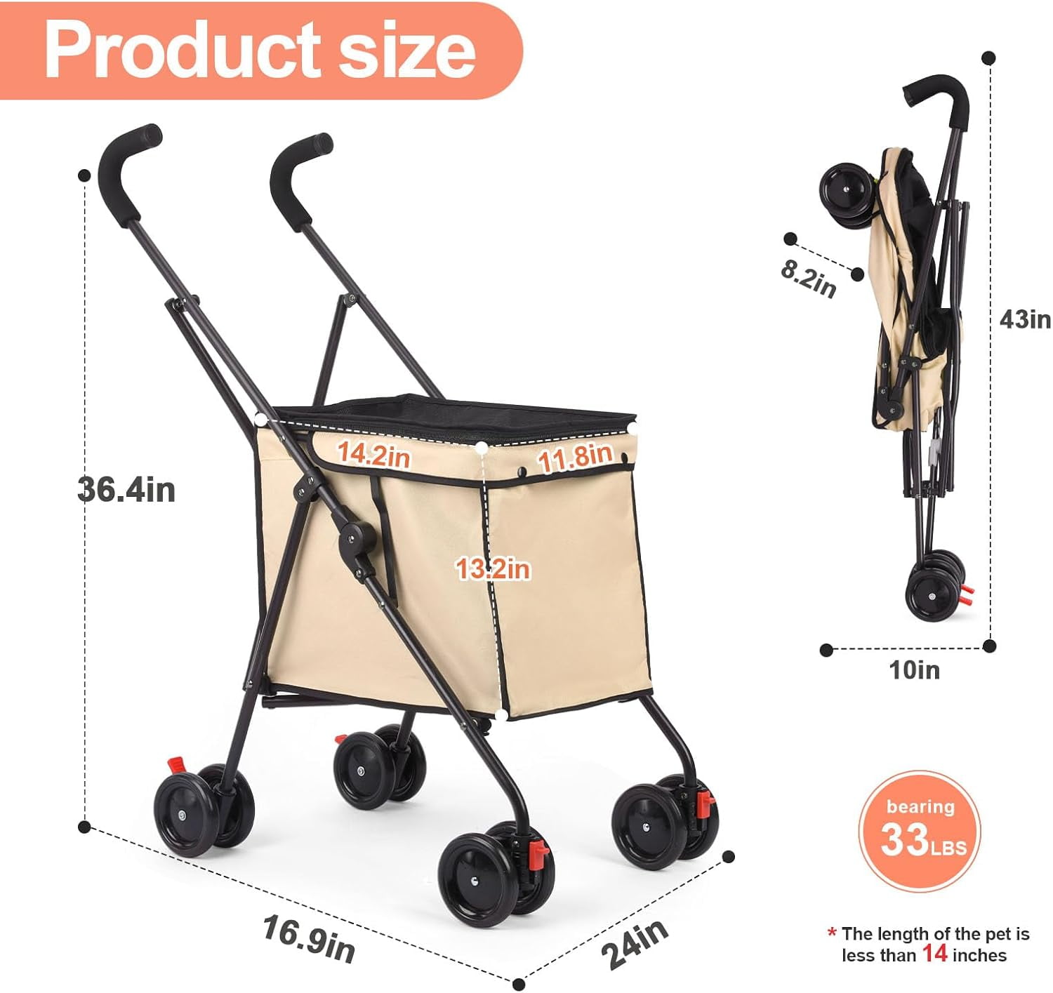Dog Strollers, Shopping Cart, Collapsible Folding Utility Wagons Carts Heavy Duty, The Original Patented, 60lbs Capacity, Minimalist for Cats Pets Outdoor Camping Shopping Sports Garden (Khaki)