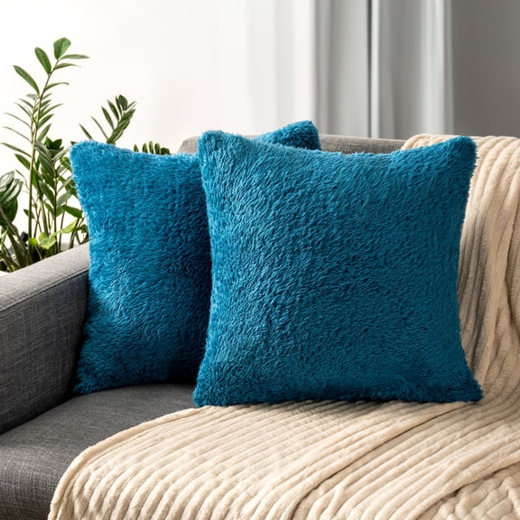 PAVILIA Fluffy Teal Blue Throw Pillow Covers, Decorative Accent Pillow Cases for Bed Sofa Couch, Soft Faux Fur Cushion Cover, Square Sherpa Pillowcases, Home Room Decor, Teal, 20x20 Set of 2