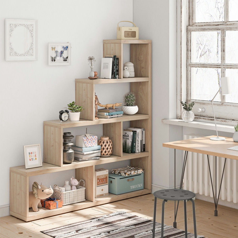 GVN Bookcases,6 Cubes Ladder Shelf Corner Bookshelf Storage Bookcase-Natural