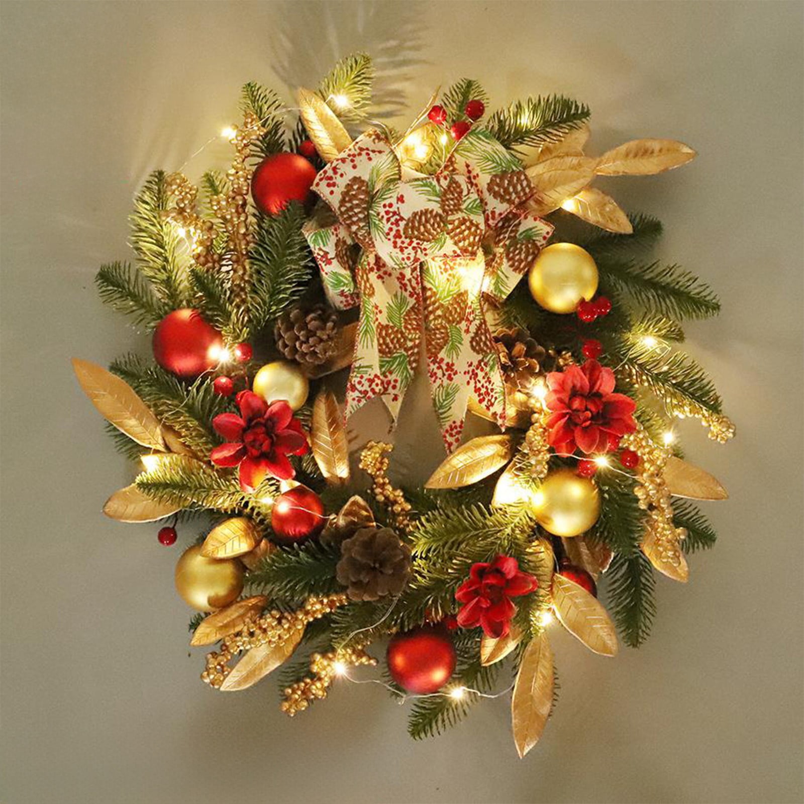 Wzzjkit 17.72 Inch Christmas Wreath with Red and Gold Ornaments