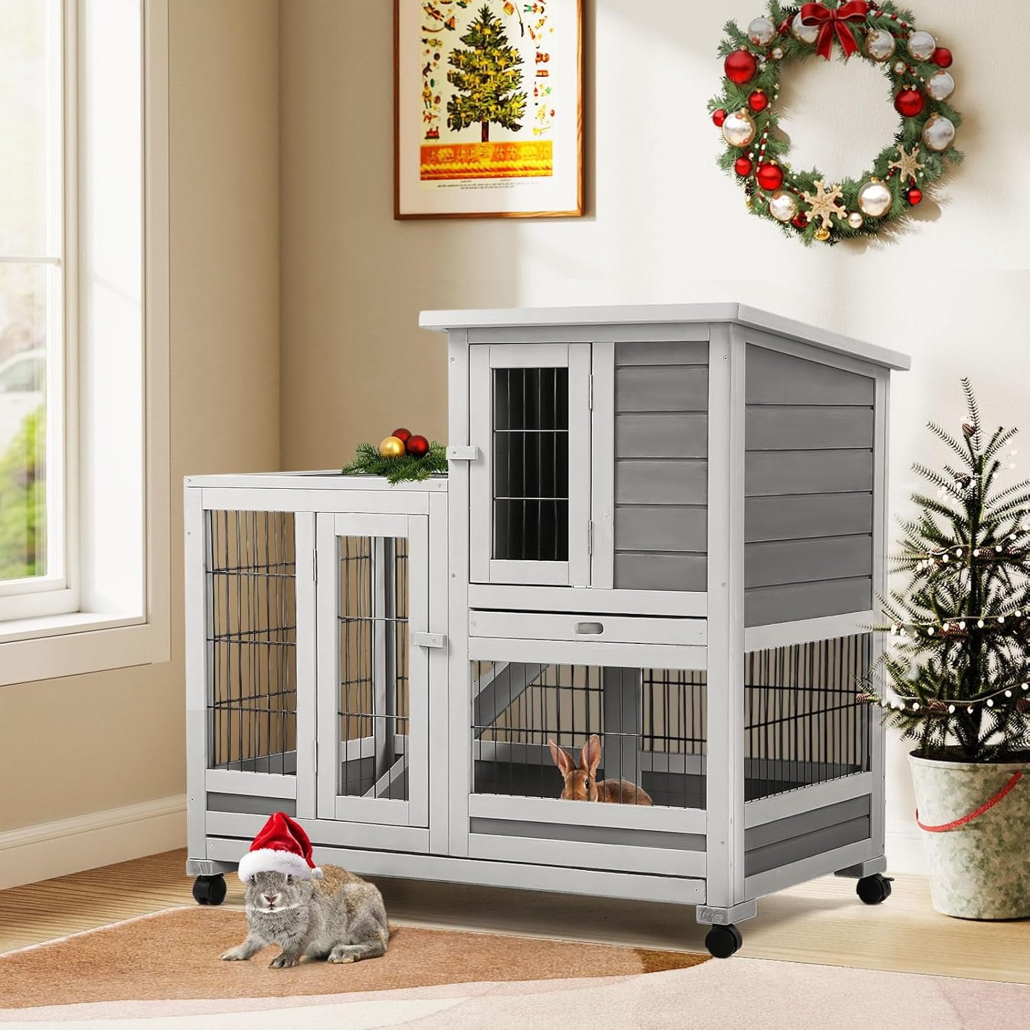 Esright Rabbit Hutch Pet House for Small Animals 37 inches Guinea Pig Cages with Run Bunny House Indoor Rabbit Cage with 4 Casters Removable No Leak Trays & Ladder