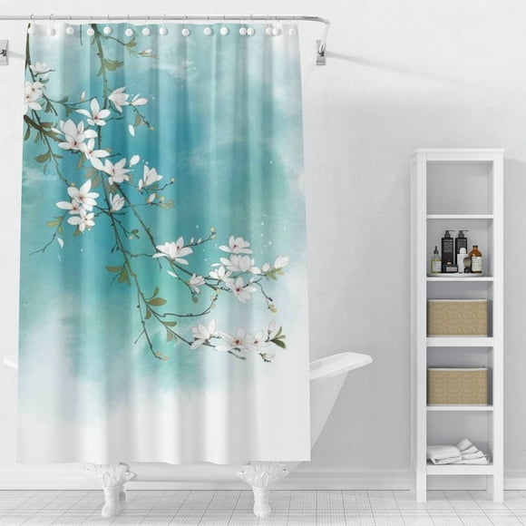 Watercolor Floral Shower Curtain,Blue White Plum Flower Printed Bathtub Showers Waterproof Polyester Design Decorative Bathroom with 12 Hooks 72*72"