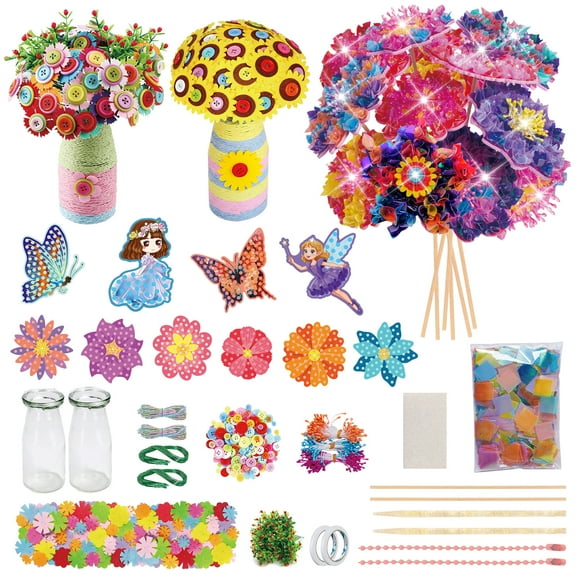 Flower Bouquet Art Craft Kit, Poke-in Art DIY Creative Activity Kit with Buttons and Felt Flowers, Vase Art and Craft for Children, Gifts for Girls & Boys Ages 6